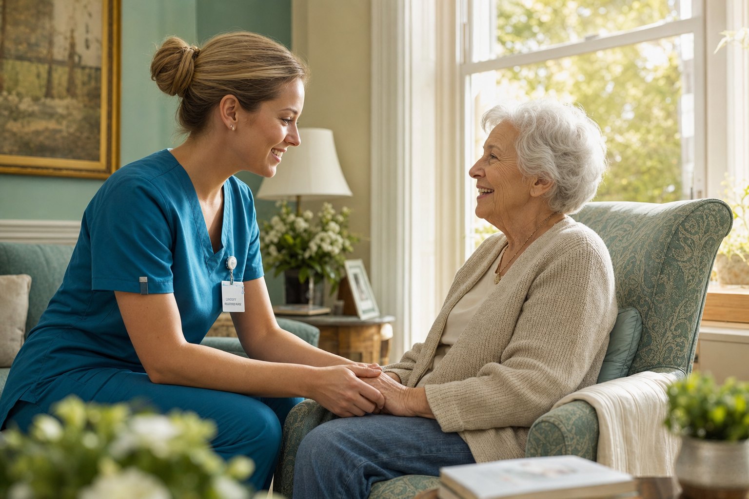 A caregiver gently holding the hands of a smiling elderly resident
