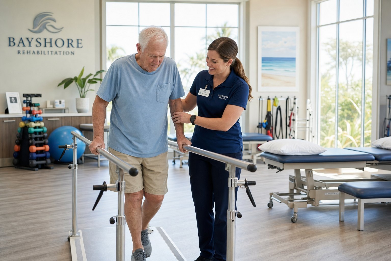 A physical therapist helping an elderly resident walk using parallel bars in a bright rehab gym