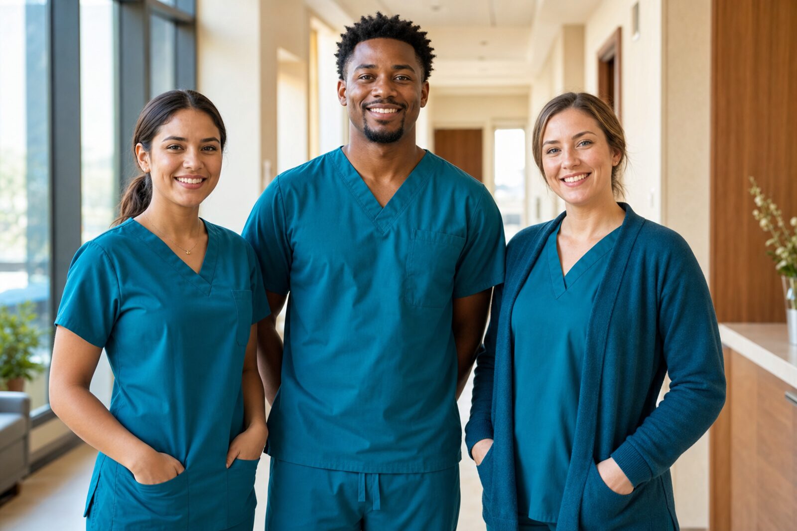 Three Angel Oak team members smiling together in a bright hallway
